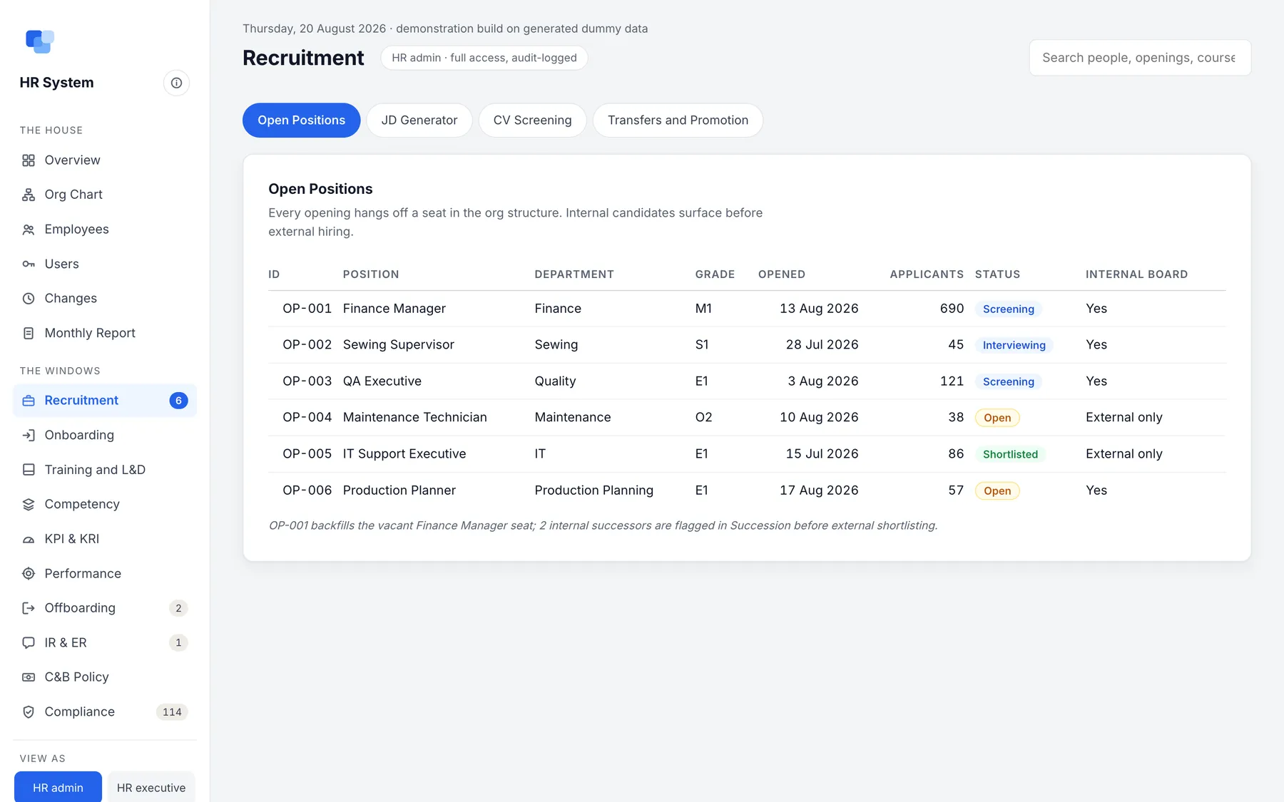 HR system recruitment: open positions with applicants, status and internal candidates